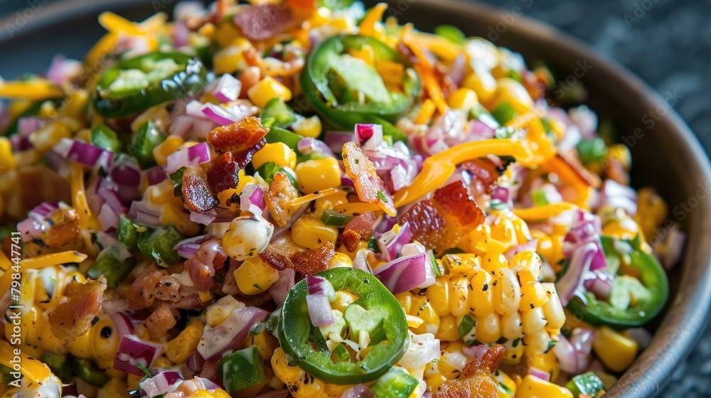 Canvas Prints Summer potluck recipe A mouthwatering grilled corn and jalapeno salad topped with red onion cheddar cheese and crispy bacon - Canvas Prints