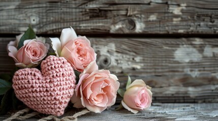 Pink roses and a crocheted heart set against a rustic wooden backdrop