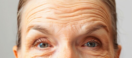 An elderly woman with visible signs of aging, including deep wrinkles on her face and around her eyes, showcasing her life experiences and wisdom