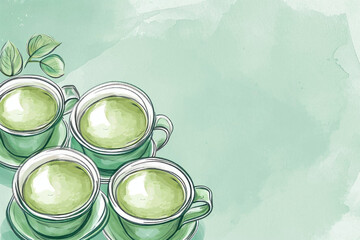 Green tea cups and saucers with leaves, watercolor illustration of drinkware set for tea lovers