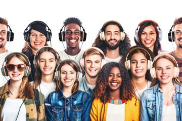 A diverse group of people, all with bright smiles, wearing various types of headphones, isolated on a white background