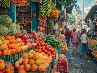 Street photography of a bustling Mexican market, capturing vibrant colors and textures. - obrazy, fototapety, plakaty