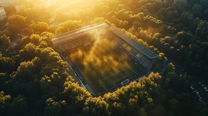 The photo shows a beautiful aerial view of a soccer stadium surrounded by trees.
