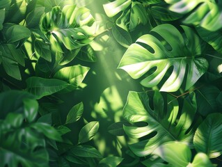 The lush green leaves of a tropical plant create a dense, textured background