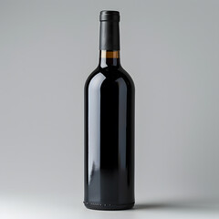 A black wine bottle rests on a gray table surface