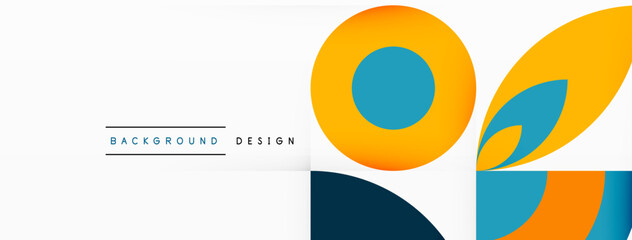 The design features electric blue and orange circles on a white background, incorporating elements of art and graphics. Each group has a unique logo symbolizing their brand identity and aesthetic