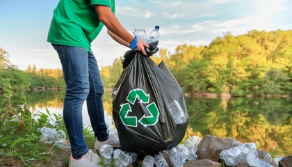 Recycling concept: Man Holding Recycling Trash Bag with Plastic Bottles by Lake