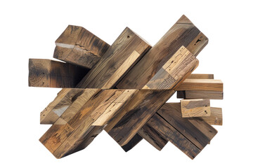 A reclaimed wood sculpture in the form of an abstract geometric shape, highlighting the versatility and transformative nature of repurposed wood, isolated on a white background