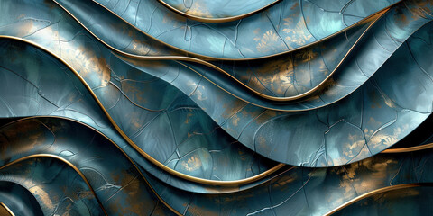Abstract blue and gold wave pattern on textured wall background with vibrant blue color scheme and flowing design