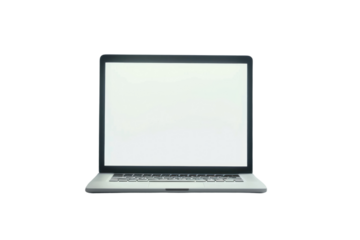 A high-tech laptop with a futuristic design and a holographic display projecting a blank screen, isolated on a stark white background.