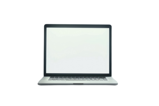 A high-tech laptop with a futuristic design and a holographic display projecting a blank screen, isolated on a stark white background.