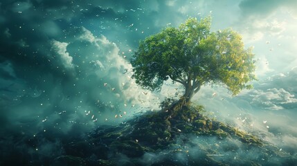 The image shows a large tree with a lush green canopy. The tree is growing on a rocky hilltop, and there are clouds swirling around it. The image is very peaceful and serene.
