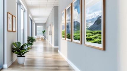 Fototapeta premium Modern minimalist house room interior with decorated furniture and poster frames on a white wall.