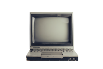 A vintage-style laptop with a slightly worn exterior and a cathode ray tube (CRT) display showing a blank screen, set against a clean white background.