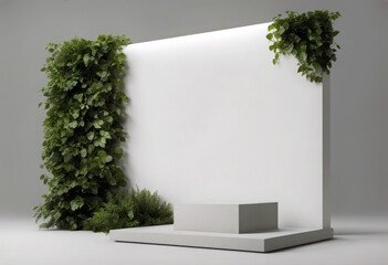 'Stone product splay podium nature leaves white background 3D rendering poduim cosmetic dais leaf beauty racked three-dimensional show green summer sale scene abstract'