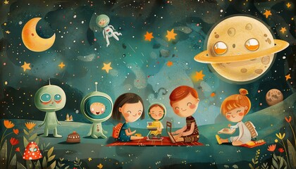 The image shows a group of children and an alien on a planet. The children are playing and having fun. The alien is watching them. The image is set in a starry night sky.