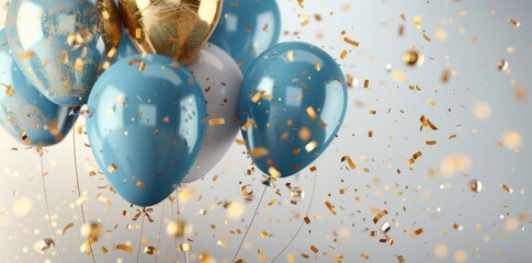 3d blue and gold balloons with confetti on light background