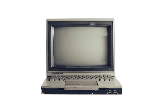 recommend clip art: A vintage-style laptop with a slightly worn exterior and a cathode ray tube (CRT) display showing a blank screen, set against a clean white background.