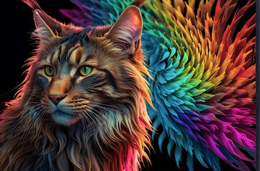portrait of a tiger Neon Mainecoon Cat Rainbow Fractal in 3D Vector 