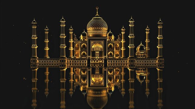 The image shows a 3D rendering of a mosque with gold and black colors. There are 4 tall minarets at the 4 corners of the building. The mosque is viewed from a low angle, making it appear very tall and