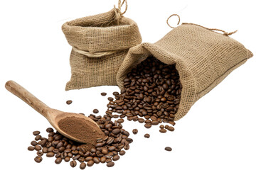 Coffee beans and scoop onto burlap bags isolated on white background.