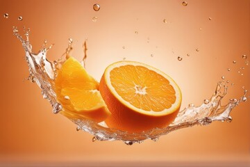 'slide cut piece orange drop background juice splash water copy space healthy fresh liquid dripped...