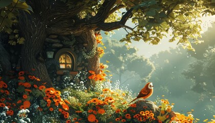 The image is a beautiful landscape with a tree, flowers, and a bird. The colors are vibrant and the lighting is soft. The image has a calming and peaceful feel to it.