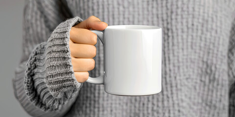 mockup of a woman's hand holding a blank white coffee mug, generative AI