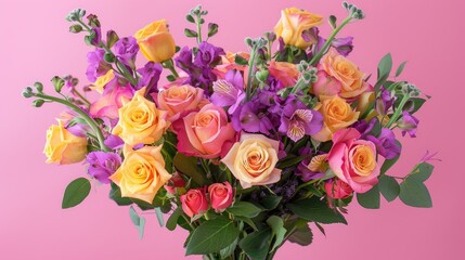 A vibrant bouquet featuring pink and yellow roses paired with purple alstroemeria blooms pops against a soft pink backdrop ideal for occasions like birthdays Valentine s Day or Mother s Day