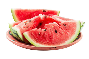 Juicy red watermelon, cut into pieces, placed on a plate isolated on white background.