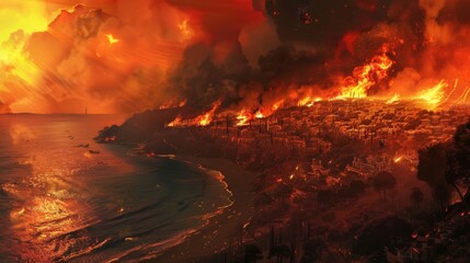 Dramatic wildfire approaching coastal town with ocean backdrop
