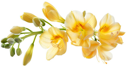 Pile of Fresh  yellow  freesia flowers with buds isolated on white background ,Bouquet of yellow red tulips, it is isolated on white