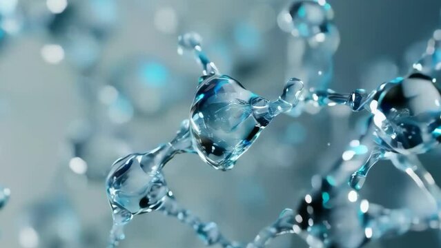 Detailed macro shot of crystal-clear water molecules linked in a complex network, symbolizing concepts of purity, hydration, and life's molecular essence
