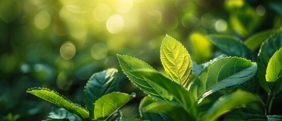 Green tea leaves growing in the sunlight, ready to be harvested and made into a delicious and healthy tea.