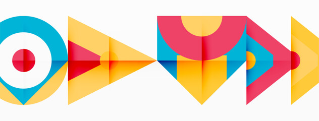 Obraz premium A vibrant mix of geometric shapes in electric blue, triangles, rectangles, and circles. Arrows add movement and symmetry to the colorful pattern, creating an artful display of tints and shades