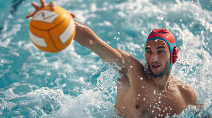 Water Polo Player in Action, Reaching for Ball