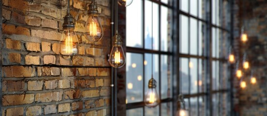 Multiple light fixtures suspended on the side of a textured brick wall, creating a warm and inviting atmosphere