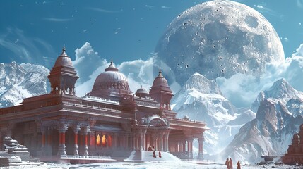 The image shows a temple or other building with white marble columns and domes, with a large moon behind it. There is snow on the ground and on the building.


