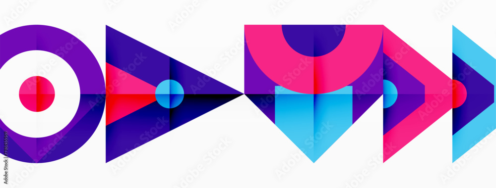 Poster a vibrant composition of rectangles, triangles, and circles in electric blue, magenta, and violet sh