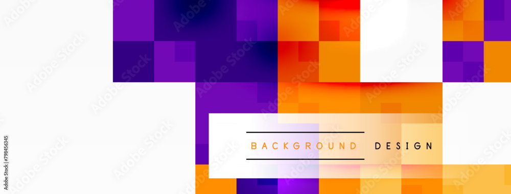 Aufkleber The colorful background features squares in a geometric pattern with shades of purple, violet, magenta, electric blue, and parallel rectangles. The font and material property create a vibrant design
