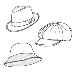 Vector various models of Hats doodle illustration hand drawn sketch line art, Containing Trilby hat, Bucket hat, Flat cap isolated on white background, For kids coloring book.