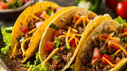 Indulge in some flavorful ground beef tacos loaded with crisp romaine lettuce juicy diced tomatoes and a generous sprinkle of shredded cheddar cheese