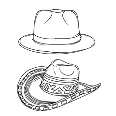 Vector various models of Hats doodle illustration hand drawn sketch line art, Containing Boater hat, Sombrero hat models isolated on white background, For kids coloring book.