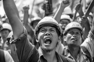Amidst the chaos of protests, workers raise their voices in unison, demanding dignity and fair treatment. - obrazy, fototapety, plakaty