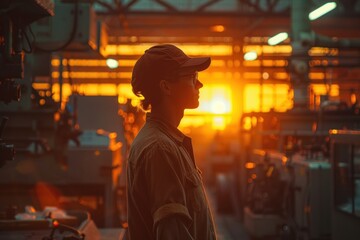 As the sun rises on International Labor Day, a factory worker reflects on the rhythm of machines and the pulse of humanity. - obrazy, fototapety, plakaty