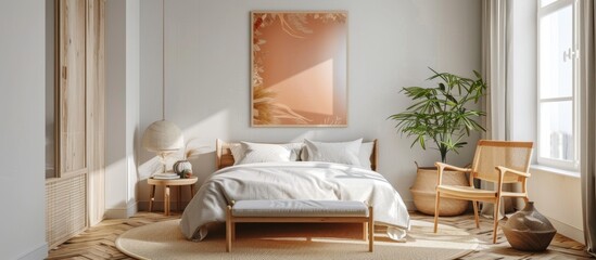 A cozy bedroom featuring a comfortable bed and a striking large artwork adorning the wall