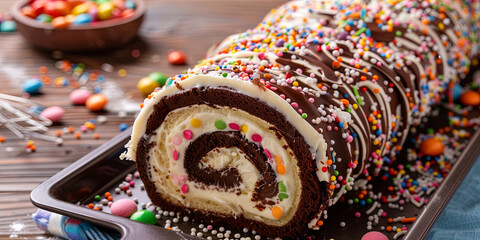 a large roll cake with chocolate and cream swirls, generative AI