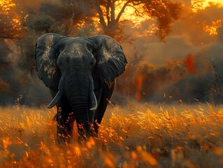 Peaceful Elephant in Sunset Savannah
