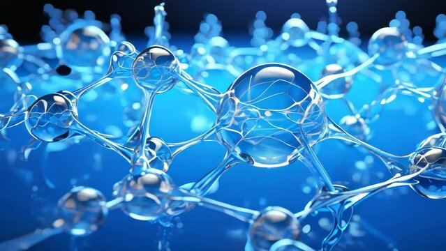3D illustration of water molecule network in brilliant blue hues, symbolizing scientific concepts of molecular structures and the fundamental building blocks of life

