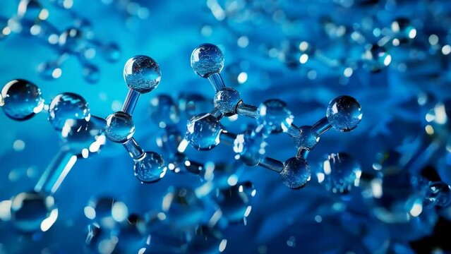 Vivid 3D illustration of molecular structure in blue, depicting hydrogen and oxygen bonds in water with a focus on scientific accuracy and the molecular beauty of H2O
